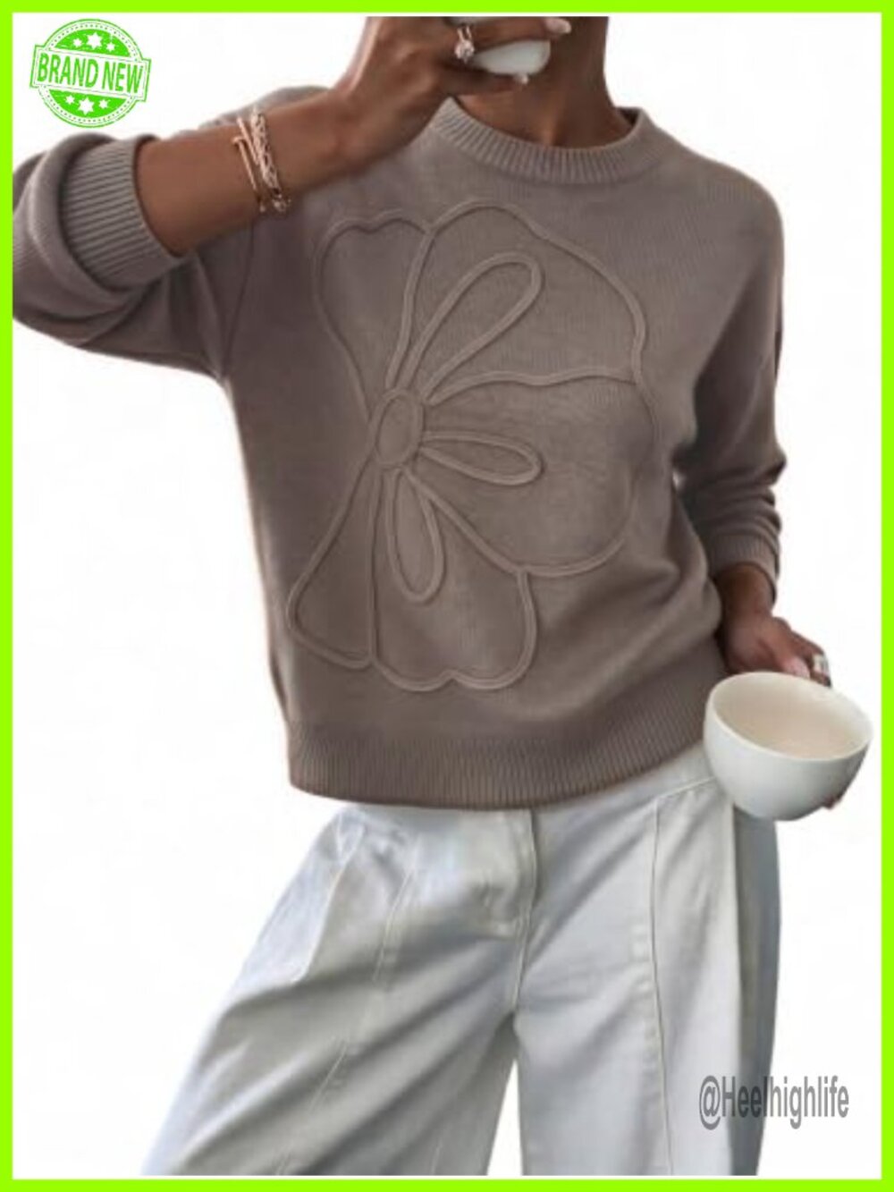 Oversized 3D Floral Cotton Pullover Sweater Crew Neck Long Sleeve